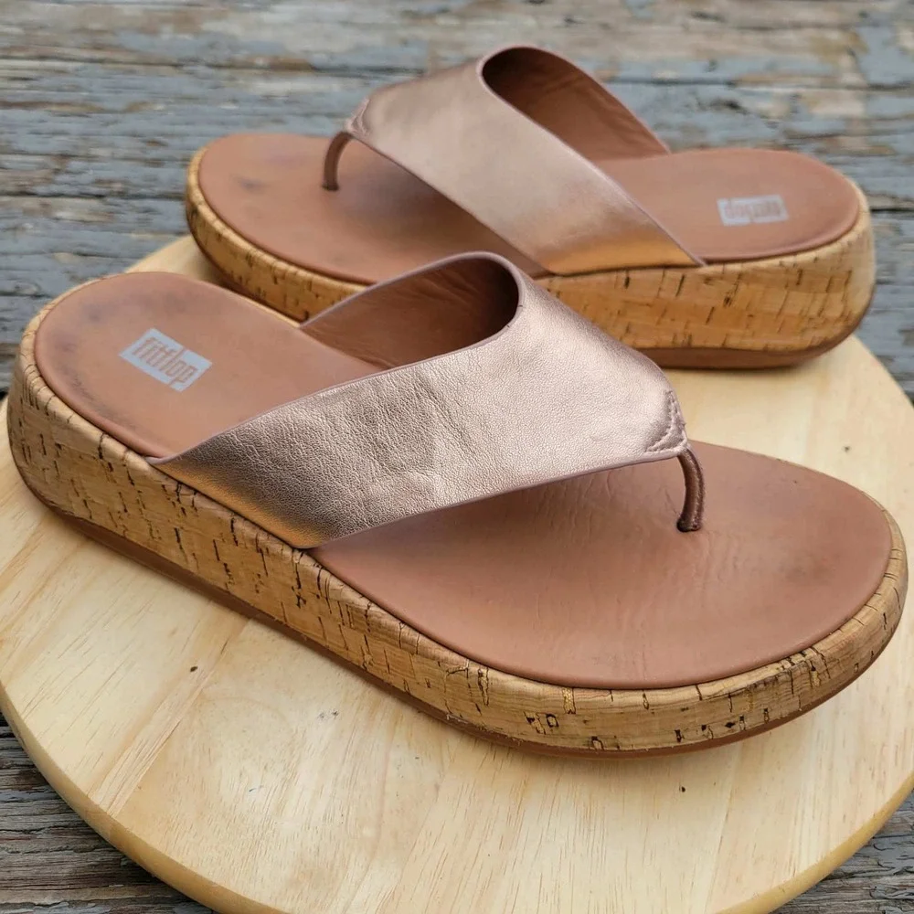 FitFlop F Mode Platform Sandals Womens 8 US Rose Gold Cork Flatform Toe Post